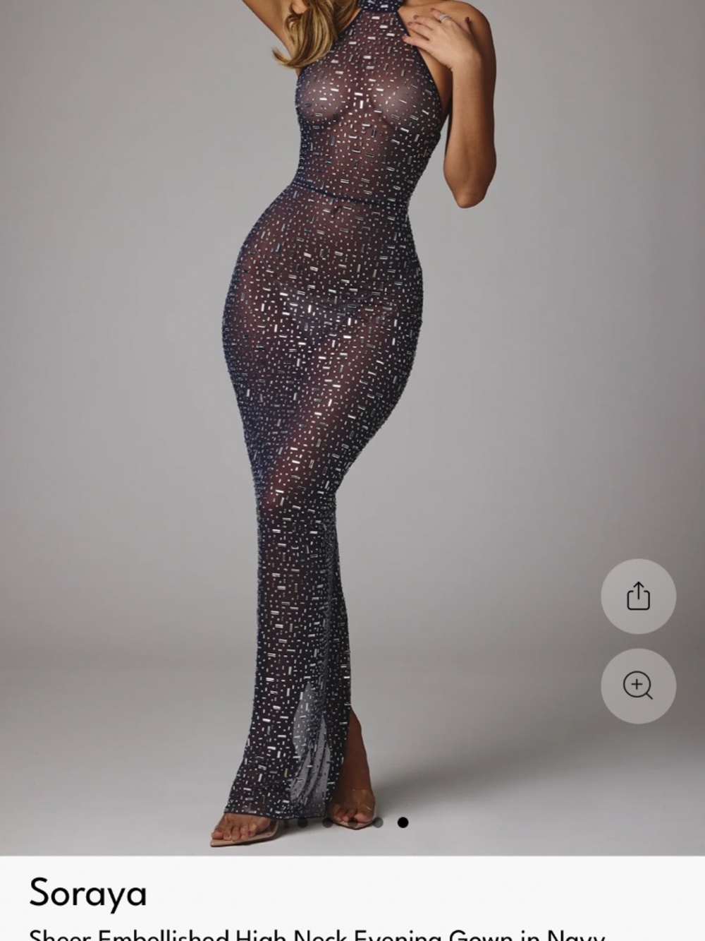Oh Polly Soraya Dress-Sheer Embellished High Neck Evening Gown in Navy